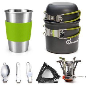 Camping Cookware Stove Carabiner Canister Stand Tripod and Stainless Steel Cup